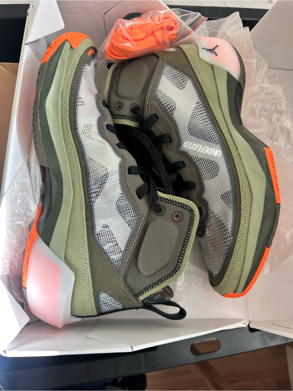 Men’s Jordan Olive Green and Bright Orange Basketball Sneakers air Jordan XXXVII